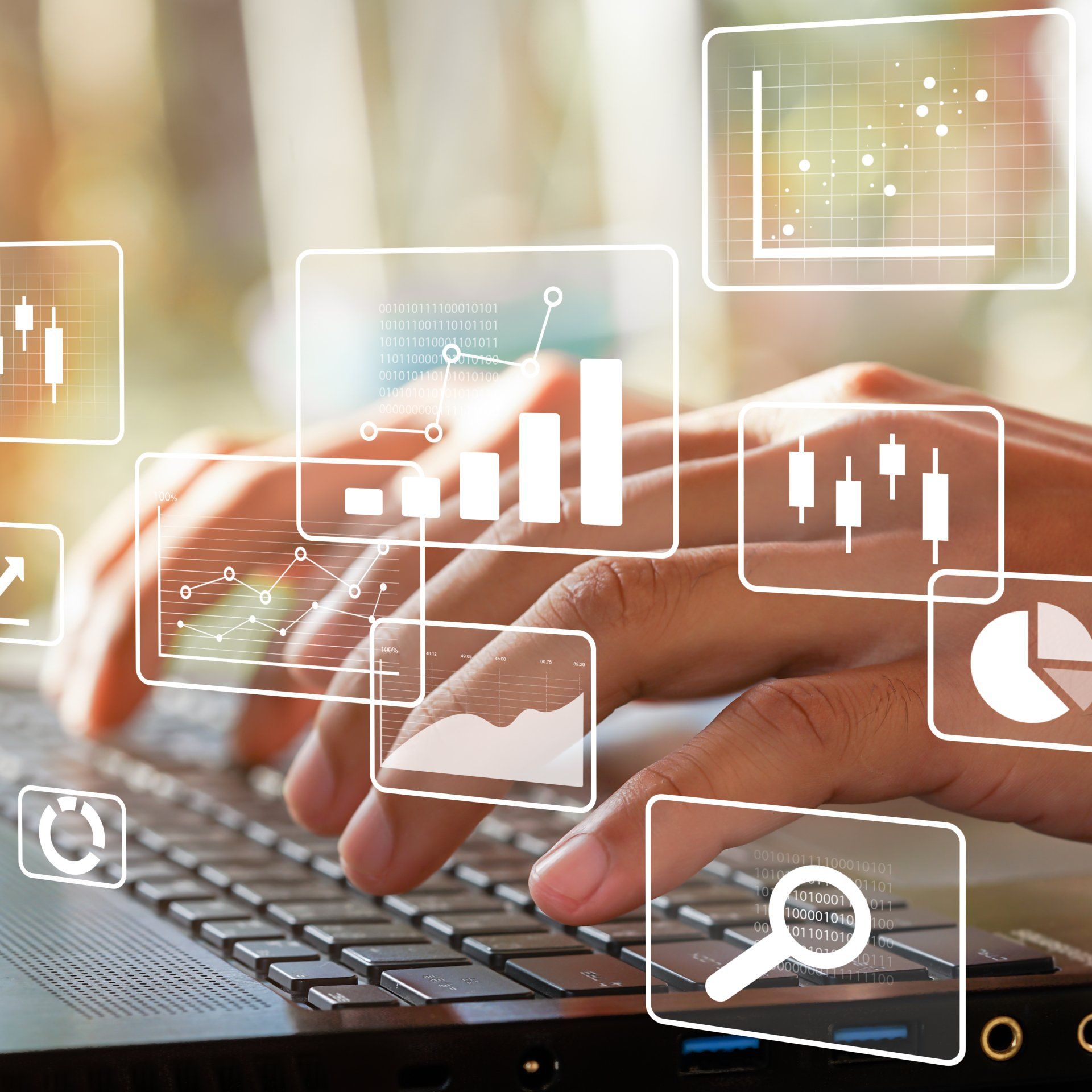 A person is typing on a laptop computer with charts and graphs coming out of the screen.